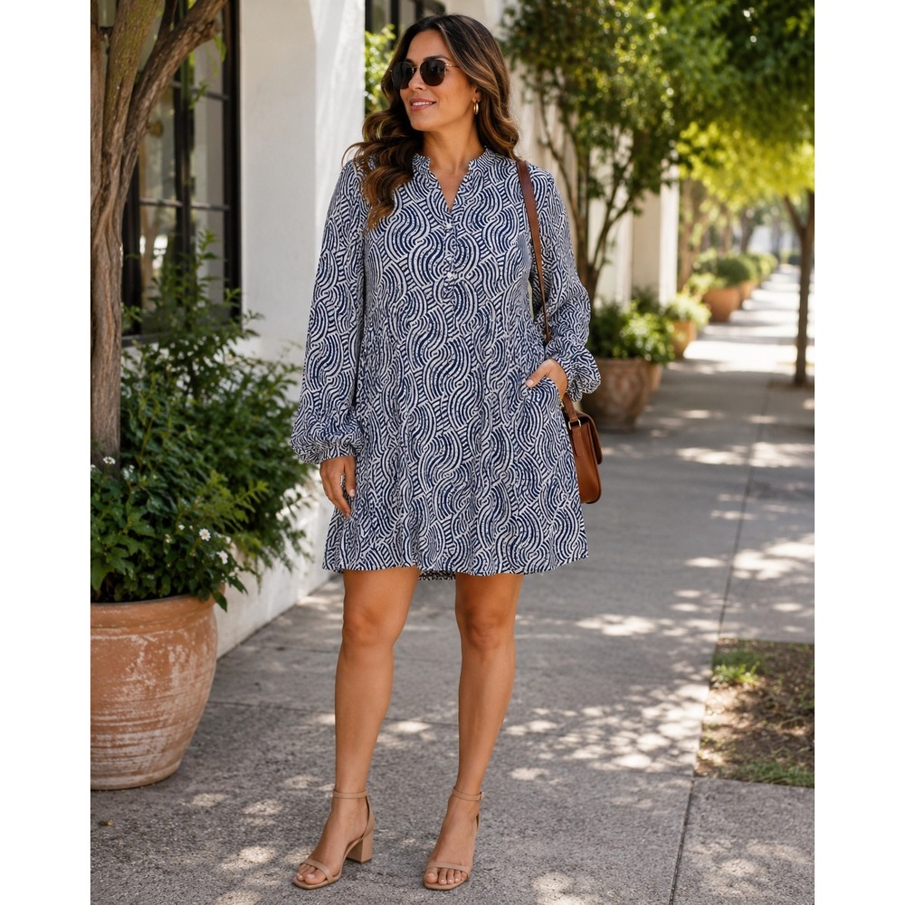 HM Blue White Wave Geometric Print Tiered Mini Dress Long Sleeve XL Pockets